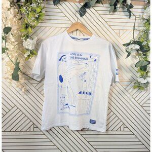 ZARA Women's RUOHAN WANG Oversized White Blue Printed T-Shirt Size Medium